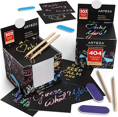 ARTEZA Scratch Paper Set, 404 Scratch-Off Notes, 3.5 x 3.5 Inches, 200 Rainbow-Themed, 200 Holographic