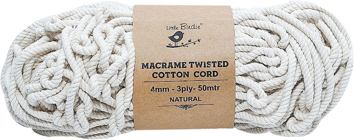 Little Birdie Natural Macrame Cord 4mm-Cotton Rope for Crafts, Boho Wall Decor, and DIY Plant Hangers-Twisted 3 Strand Thick String, 164 feet