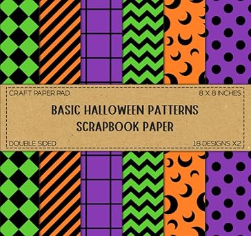 Scrapbook Paper: Basic Halloween Patterns, Including Dots, Chevron, Checkered, Diagonal Square, Stripe, & More - In Orange, Purple, & Green Colors