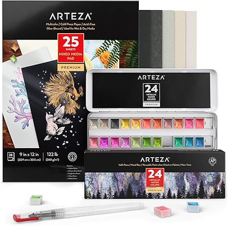 ARTEZA Metallic Watercolor Paint Art Set, 24 Half-Pans, Water Brush Pen, Toned Watercolor Paper, 25 Sheets, 5 Shades