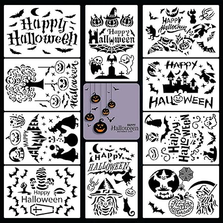 10 Pieces Halloween Theme Stencils - Halloween Element Templates for Kids for Painting Spraying, Sponge Roller Painting, Crayon Drawing, Chalk Drawing, Airbrush Painting(7.09'' x 10.24'')