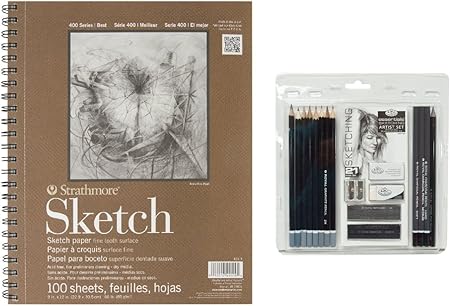 Royal & Langnickel Essentials Sketching Pencil Set, 21-Piece with Strathmore Series 400 Sketch Pads 9 in. x 12 in. - pad of 100