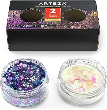 Arteza Chunky Glitter, Set of 2 Colors, White and Purple Holographic Glitter Shapes in 5-g Jars