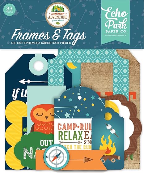 Echo Park Paper Company Summer Adventure Frames & Tags ephemera, teal, brown, red, navy, green, orange