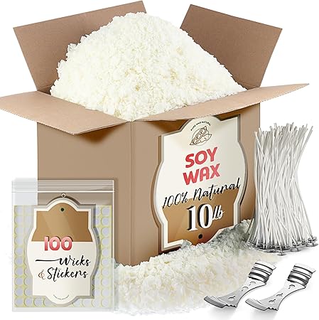 Soy Candle Wax for Candle Making - Natural Soy Wax for Candle Making 10 lb Bag, Premium Soy Wax Flakes, 100 Cotton Candle Wicks, 100 Wick Stickers, & 2 Centering Devices - 10 Lbs