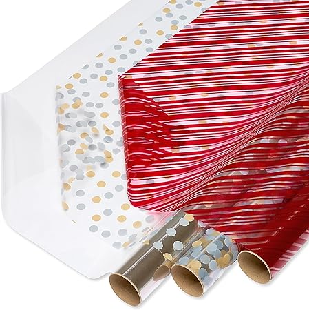 American Greetings 75 sq. ft. Christmas Cellophane Wrap Roll Bundle, Red and White Stripes (3 Rolls 30 in. x 10 ft.)