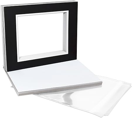 Golden State Art Pack of 10, Double Mats 11x14 Core Bevel Cut for 8x10 Pictures + Backing + Bags, Black Over White