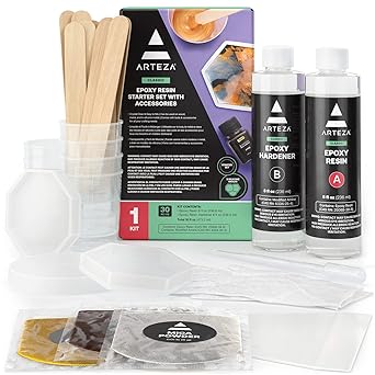 Arteza Epoxy Resin Kit, 30-Piece Set, Engaging Craft Supplies & Materials, Resin Accessories Includes 2 x 8-oz Bottles and Hardener, 3 Silicone Molds, Mica Powder, Pipette, and More