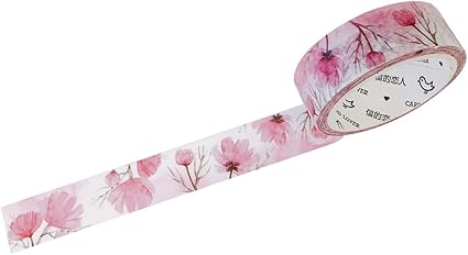 Wrapables Flowers and Greens Washi Masking Tape, 15mm x 7m Pink Blossoms