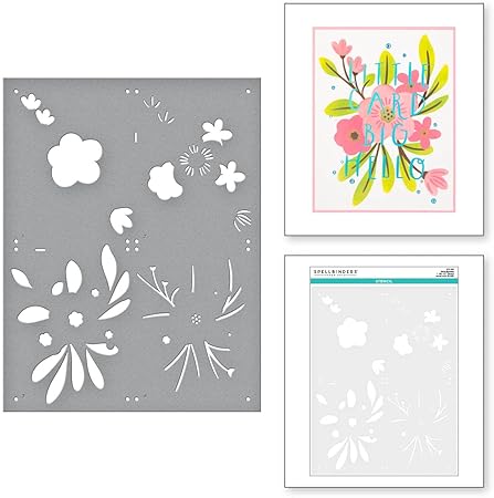 SPELLBINDERS PAPERCRAFTS, INC Spellbinders Stencil from The Glimmer Cardfront Sentiments-Hello Blooms, Grey