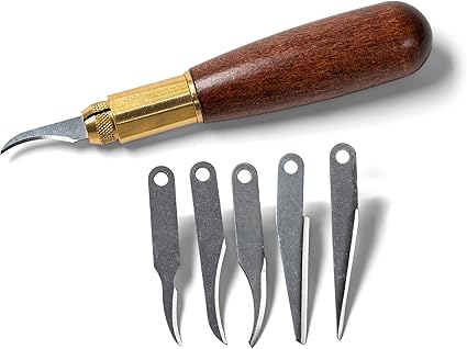 Kings County Tools Wood Carving Tool Set | Interchangeable & Easy to Change High-Carbon Steel Blades | Ergonomic Walnut Handle | 2 Straight Edges, 3 Inside Curve, & 1 Outside Curve Blade, 5/16