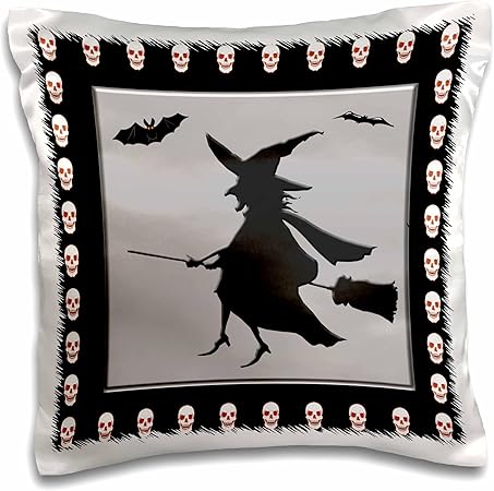 3dRose Halloween Witch Flying on a Broom with Bats on Silver Framed with Glowing Skulls-Pillow Case, 16 by 16