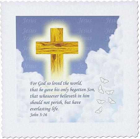 3dRose Bible quote John 3 16 on lovely cloudy background with cross of Jesus Quilt Square, 10 x 10