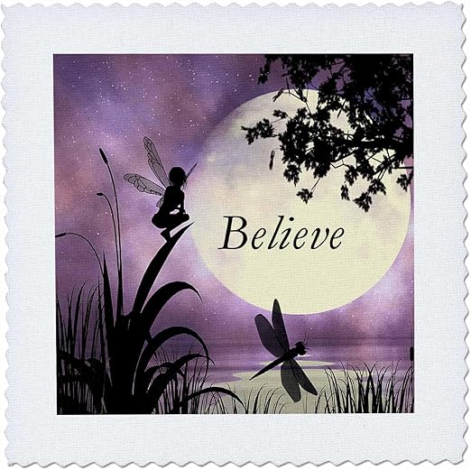 3dRose Believe, Fairy With Dragonflies With Moon And Purple Sky - Quilt Square, 12 by 12-inch (qs_35696_4)