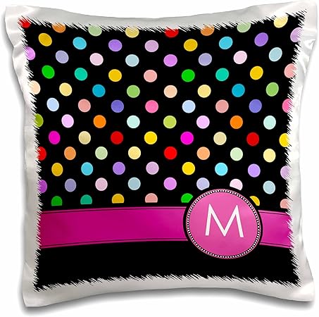 3dRose pc_154310_1 Letter M Monogrammed on Rainbow Polka Dots Pattern with Hot Pink Personal Initial-Girly Multicolor-Pillow Case, 16 by 16