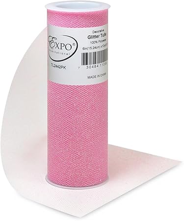 Expo International Decorative Glitter Tulle, Roll/Spool of 6” X 10 Yards, Lightweight Polyester Tulle Fabric for Costumes, Wedding, and Party Decorations, Washable, Easy-to-Use, Pink