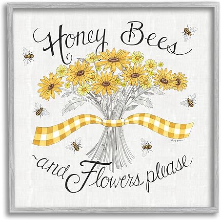 Stupell Industries Honey Bees Flowers Please Phrase Vintage Yellow Daisies Grey Framed Wall Art, 24 x 24