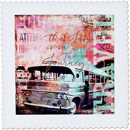 3dRose Travel Camper Van Mixed Media Art with Text The Joy is in The Journey Quilt Square, 6 x 6