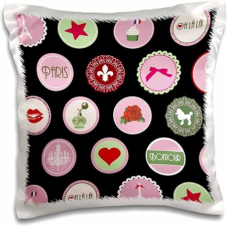 3dRose pc_112986_1 Stylish I Love Paris Pattern in Pink Red Green and Black Vintage France Elegant Girly French Circles-Pillow Case, 16 by 16