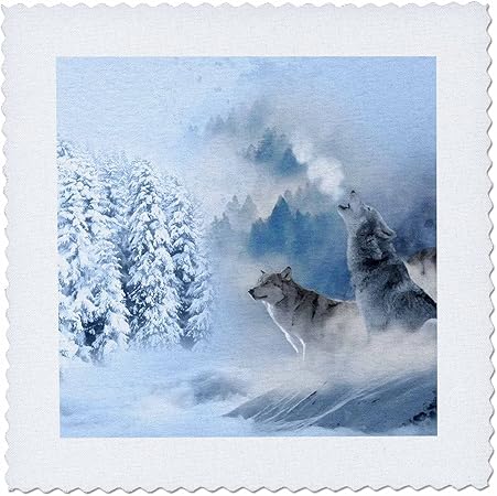 3dRose Wolves In Winter Howling With Snowy Landscape And Pine Trees Quilt Square, 12 x 12