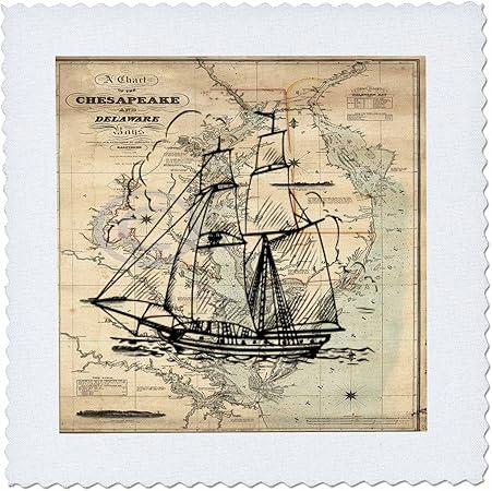 3dRose qs_204904_1 Print of Vintage Chesapeake Bay with Ghost Ship Quilt Square, 10 by 10