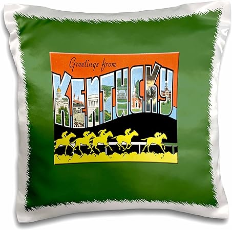 3dRose Greetings from Kentucky Scenic Postcard with Racing Horses-Pillow Case, 16 by 16