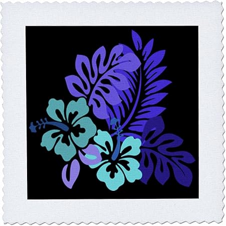 3dRose qs_41667_4 Hawaiian Turquoise and Purple Floral on Black-Quilt Square, 12 by 12-Inch