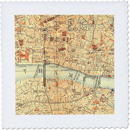 3dRose qs_112939_6 Vintage Map of London UK Section with Thames River-Retro Cream Brown Orange-Geography Travel-Quilt Square, 16 by 16-Inch