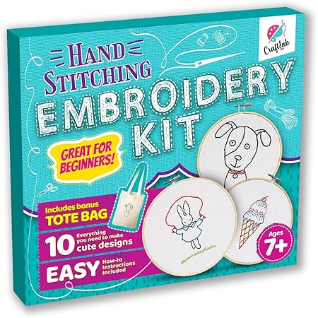 CraftLab Embroidery Sewing Kit for Beginners, Kids Craft Kit Gift for Girls Boys Ages 8-12, 10 Projects, Embroidery Hoops, Fabric, Patterns, Floss, Needles, Needlepoint Cross Stitching Supplies