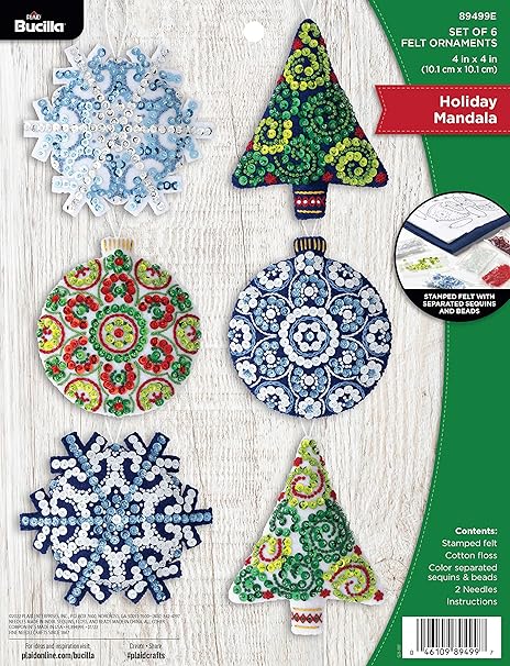 Bucilla Felt Applique 6 Piece Ornament Making Kit, Mandala Christmas, Perfect for DIY Arts and Crafts, 89499E