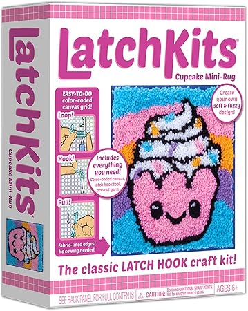 LatchKits Latch Hook Kit for Wall Hangings & Mini-Rugs - Cupcake - Craft Kit with Easy, Color-Coded Canvas, Pre-Cut Yarn & Latch Hook Tool - Perfect DIY Craft for Kids - Ages 6+