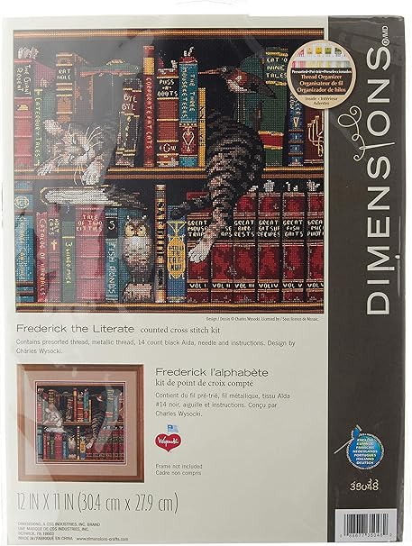 Dimensions 'Frederick the Literate' Snoozing Cat Counted Cross Stitch Kit, 14 Count Black Aida, 12