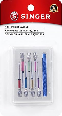 SINGER 8 Piece Punch Needle Embroidery Kit with 7 Assorted Size Punch Needle Heads, Interchangeable Handle, and Punch Needle Storage Case