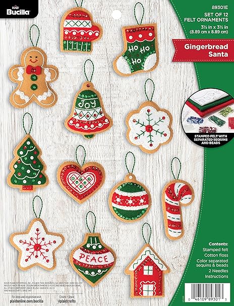 Bucilla Felt Applique 12 Piece Ornament Making Kit, Gingerbread Santa, Perfect for DIY Arts and Crafts, 89301E