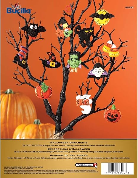 Bucilla Halloween Felt Applique Ornaments Kit (Size 2 2.5-Inch), Black, Set of 12, 6 Count