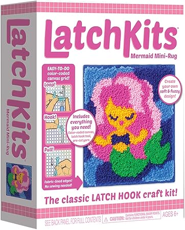 LatchKits Latch Hook Kits for Kids – Kids Crafts, Arts and Crafts, Yarn Art, Wall Hanging & Mini-Rugs, Craft Supplies, Pre-Cut Yarm, Easy to Follow Pattern, Hook Included, Arts & Craft, Ages 6+