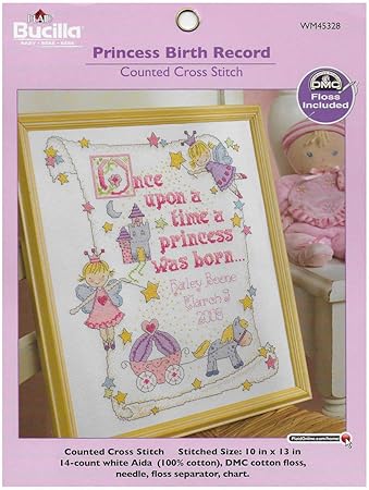 Bucilla Counted Cross Stitch Birth Record Kit, 10 by 13-Inch, 45328 Princess , Pink