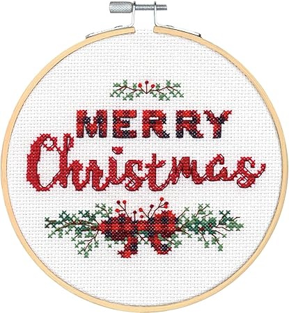 Dimensions Kit, Merry Christmas Cross Stitch, White 14 Count Aida, 6'' Embroidery Hoop