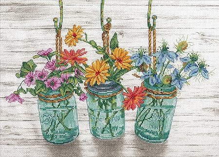 Dimensions 70-35378 Mason Jar Flowers Counted Cross Stitch Kit, 14 Cnt. White Aida Cloth, 14 x 10