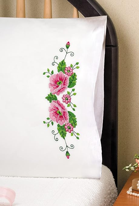 Tobin Pink Wild Rose Stamped for Embroidery Pillowcases