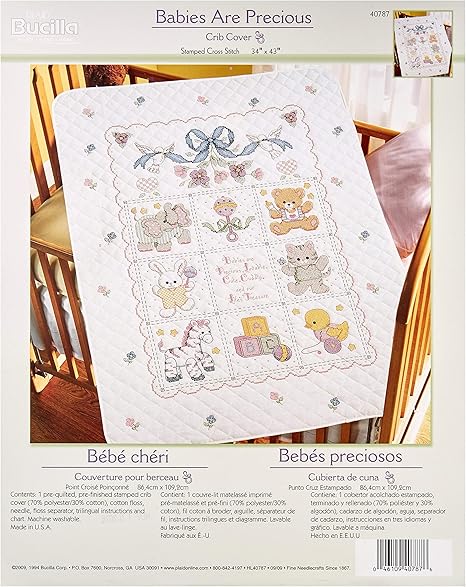 Bucilla Stamped Cross Stitch Crib Cover Kit, 34 by 43-Inch, 40787 Babies are Precious Blue