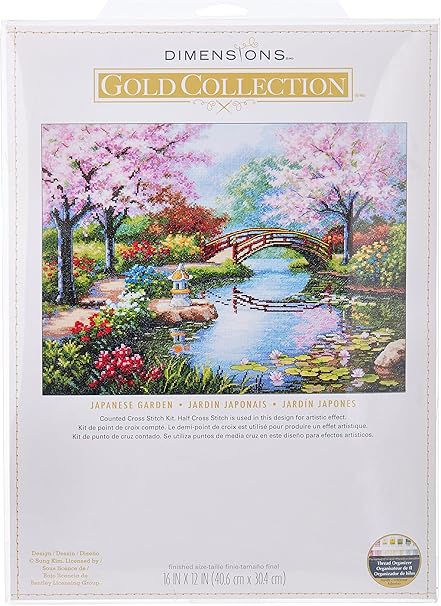 Dimensions Gold Collection Counted Cross Stitch Kit, Japanese Flower Garden, 16 Count Light Blue Aida, 12'' x 16''