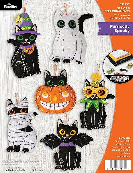 Bucilla, Purrfectly Spooky, Felt Applique 6 Piece Ornament Making Kit, Perfect for Halloween Arts and Crafts, 89649E