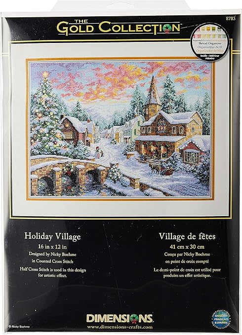 Dimensions Gold Collection Counted Cross Stitch Kit, Holiday Village Christmas Cross Stitch, 16 Count Dove Grey Aida, 12'' x 16''