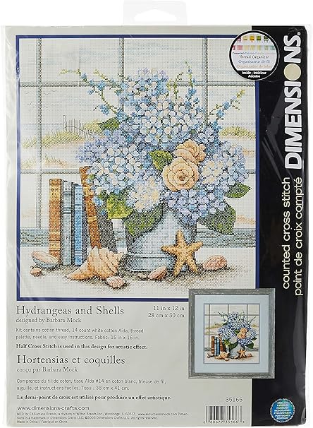 Dimensions 'Hydrangeas and Sea Shells' Counted Cross Stitch Kit, 14 Count White Aida, 11