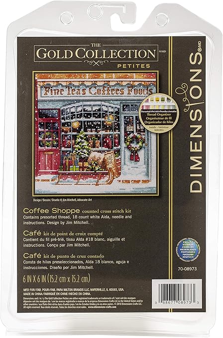 Dimensions Gold Collection Small Counted Cross Stitch Kit, 'Coffee Shoppe', 18 Count White Aida Cloth, 6'' x 6'', Black