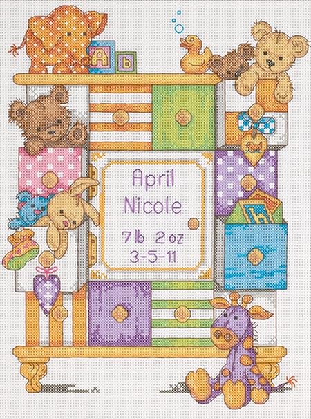 Dimensions Counted Cross Stitch Kit Baby Drawers Birth Record Personalized Baby Gift, 14 Count White Aida, 9