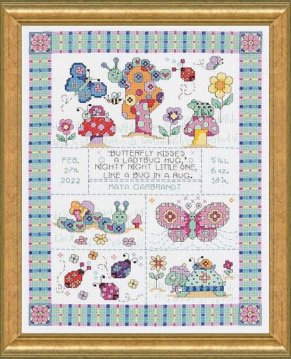 Janlynn 14 Count Bug in a Rug Birth Record Counted Cross Stitch Kit, 9-3/4-Inch by 12-3/4-Inch White