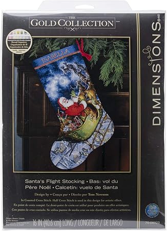 Dimensions Gold Collection Counted Cross Stitch 'Santa's Flight' Personalized Christmas Stocking Kit, 16 Count Grey Aida, 16''