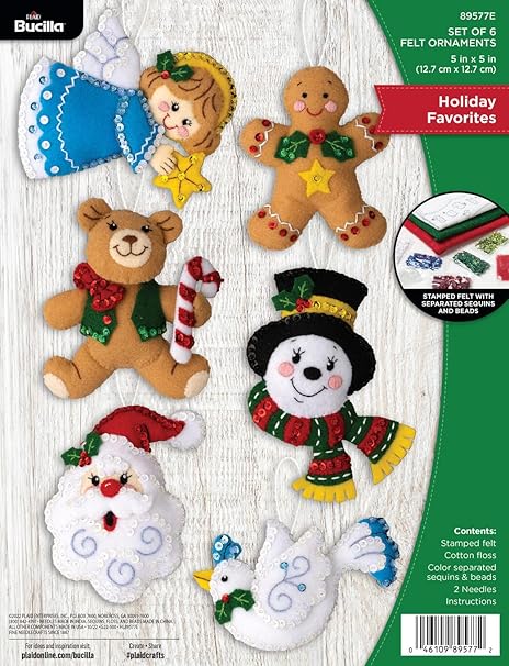 Bucilla, Holiday Favorites, Felt Applique 6 Piece Ornament Making Kit, Perfect for DIY Arts and Crafts, 89577E